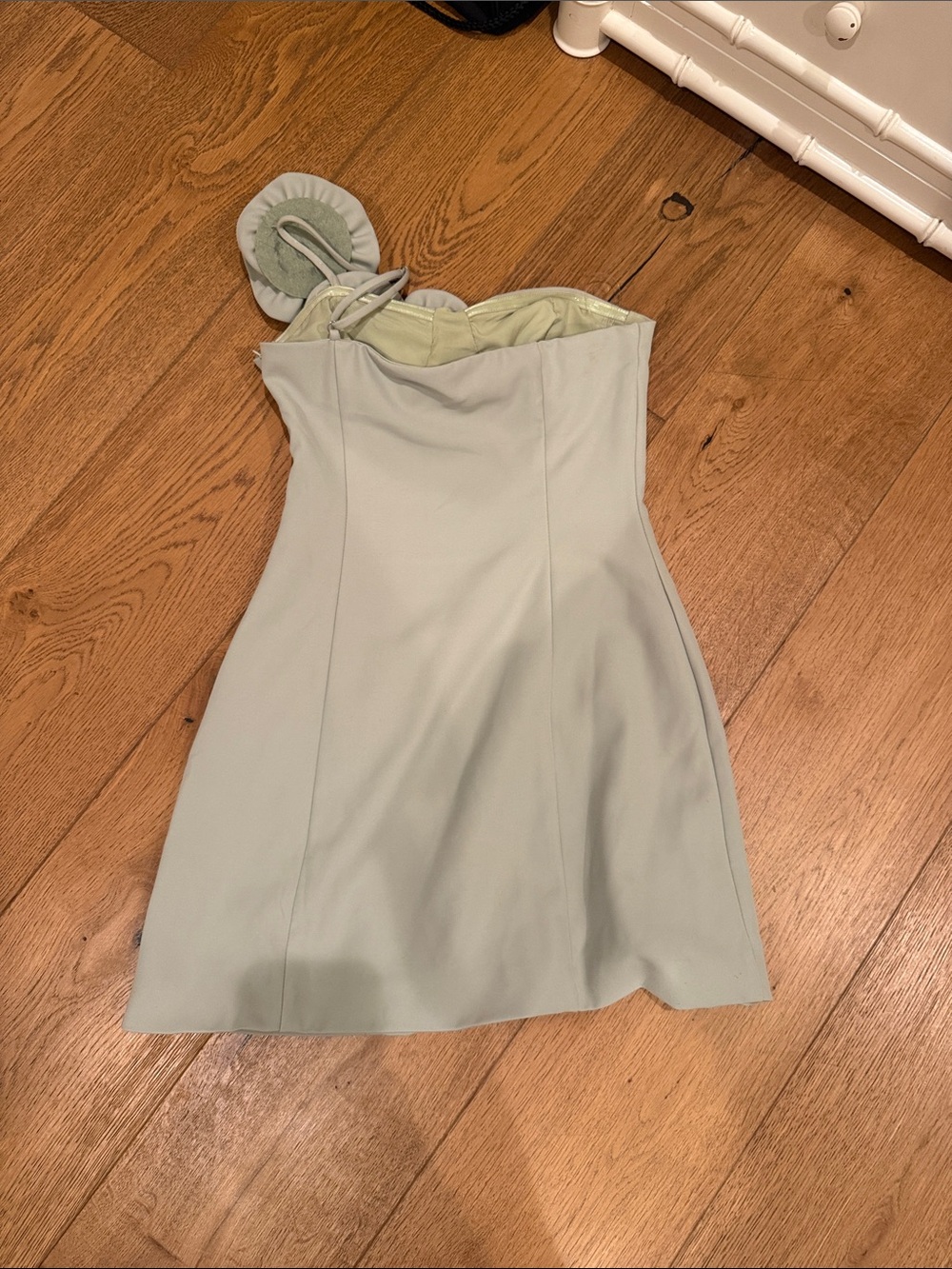 Strapless Sage Green Mini Dress with Rosette Detail - Picture 5 of 5